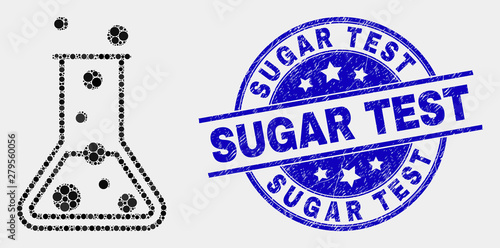 Dotted chemical retort mosaic pictogram and Sugar Test seal stamp. Blue vector round textured seal stamp with Sugar Test phrase. Vector composition in flat style.