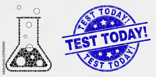 Dotted chemical retort mosaic icon and Test Today! stamp. Blue vector rounded grunge seal stamp with Test Today! message. Vector composition in flat style.