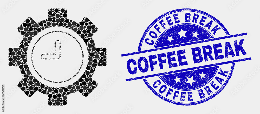 Dotted clock settings gear mosaic icon and Coffee Break seal stamp. Blue vector rounded grunge seal with Coffee Break message. Vector combination in flat style.