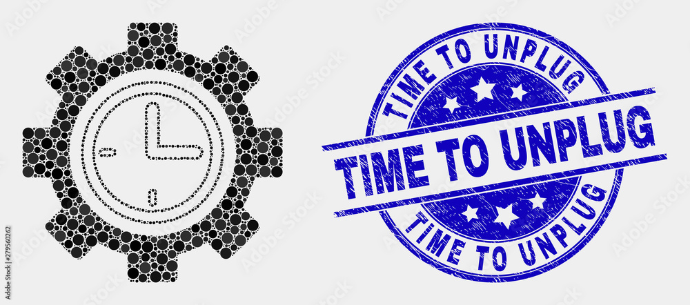 Pixelated clock setup wheel mosaic icon and Time to Unplug seal stamp. Blue vector round scratched seal stamp with Time to Unplug message. Vector composition in flat style.