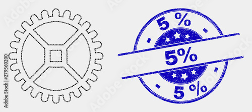 Dotted clock gear mosaic icon and 5% seal. Blue vector rounded textured seal stamp with 5% title. Vector collage in flat style. Black isolated clock gear mosaic of randomized spheres, and 5% stamp.