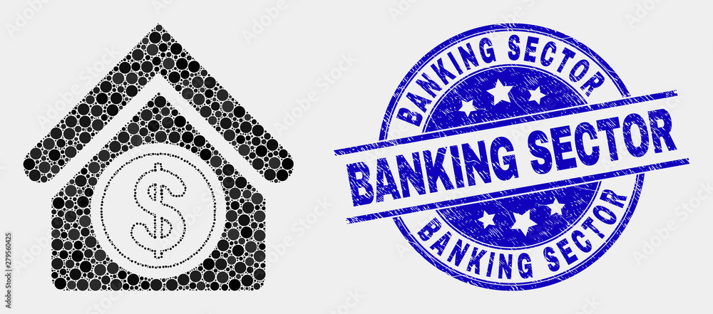 Pixel commercial building mosaic icon and Banking Sector seal stamp. Blue vector rounded distress seal stamp with Banking Sector message. Vector collage in flat style.