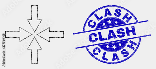 Pixelated collapse arrows mosaic icon and Clash seal. Blue vector round textured seal stamp with Clash phrase. Vector composition in flat style.