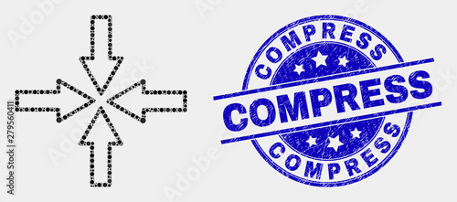 Dotted collapse arrows mosaic icon and Compress seal stamp. Blue vector round scratched watermark with Compress phrase. Vector combination in flat style.
