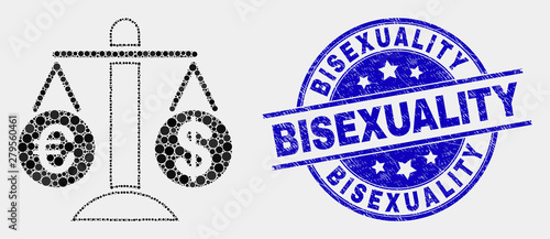 Pixel compare euro dollar mosaic icon and Bisexuality seal. Blue vector round distress seal stamp with Bisexuality message. Vector composition in flat style.