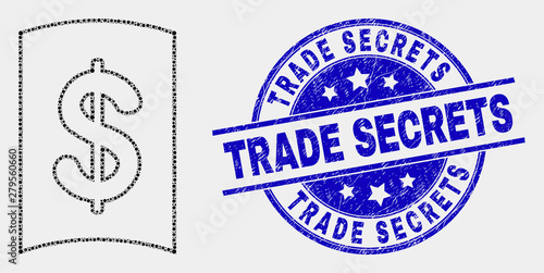 Pixel currency handbook mosaic icon and Trade Secrets seal stamp. Blue vector round scratched seal stamp with Trade Secrets title. Vector composition in flat style.