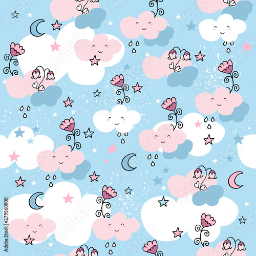 Cute seamless pattern with cartoon clouds and flowers on blue background.