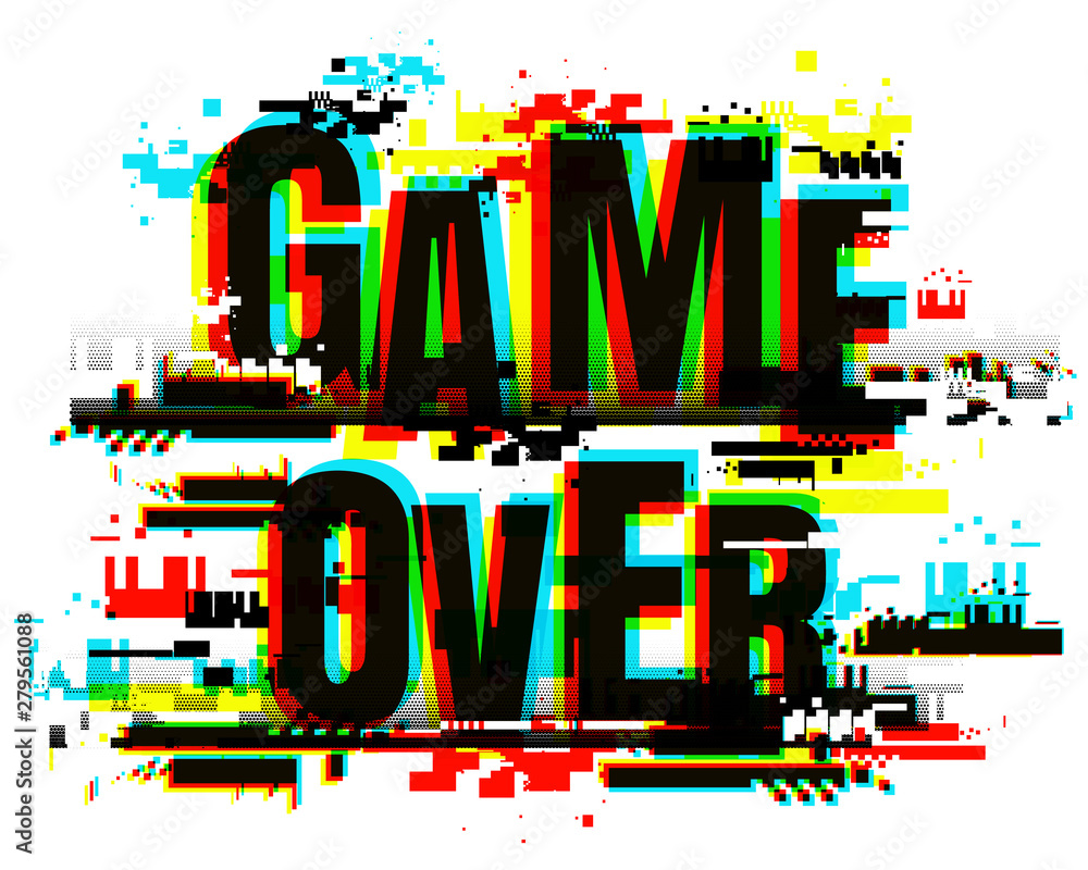 Vector Game Over phrase in glitch art style with screen VHS effect. Creative illustration for web page, banner, presentation, social media, documents, cards, posters.