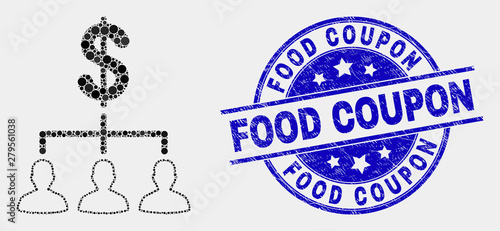 Pixelated dollar clients structure mosaic icon and Food Coupon stamp. Blue vector rounded grunge seal stamp with Food Coupon caption. Vector composition in flat style.