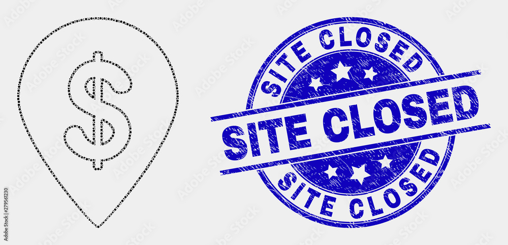 Pixelated dollar map marker mosaic pictogram and Site Closed seal stamp. Blue vector round grunge watermark with Site Closed phrase. Vector collage in flat style. Pixelated dollar map marker mosaic pictogram and Site Closed seal stamp. Blue vector round grunge watermark with Site Closed phrase. Vector collage in flat style.