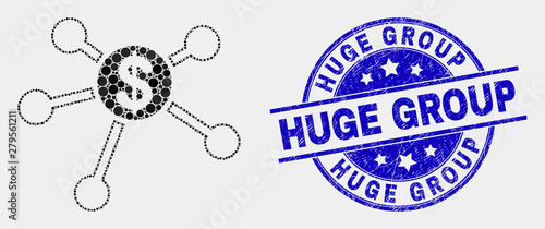 Pixelated dollar links mosaic pictogram and Huge Group seal stamp. Blue vector round distress seal with Huge Group phrase. Vector collage in flat style.