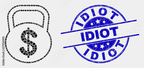 Pixelated dollar weight mosaic pictogram and Idiot seal. Blue vector rounded textured seal stamp with Idiot caption. Vector collage in flat style.