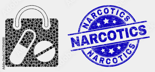 Dotted drugs shopping bag mosaic icon and Narcotics seal stamp. Blue vector rounded grunge seal with Narcotics message. Vector composition in flat style.