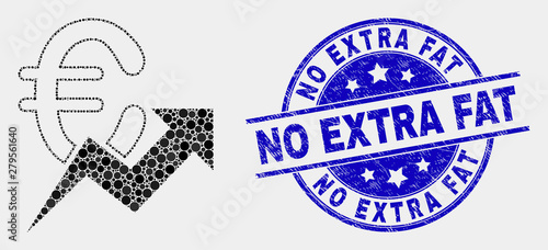 Pixelated euro growing trend mosaic icon and No Extra Fat seal stamp. Blue vector rounded scratched seal stamp with No Extra Fat text. Vector combination in flat style.