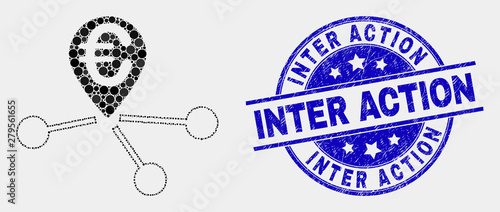 Dotted euro location links mosaic pictogram and Inter Action watermark. Blue vector round grunge seal stamp with Inter Action caption. Vector composition in flat style.