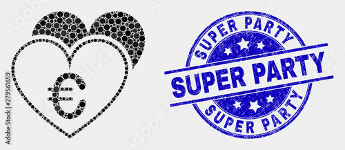 Dotted euro love hearts mosaic icon and Super Party seal. Blue vector rounded distress seal stamp with Super Party caption. Vector collage in flat style.