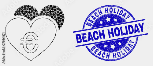 Pixel euro love hearts mosaic icon and Beach Holiday seal stamp. Blue vector round grunge seal stamp with Beach Holiday phrase. Vector collage in flat style.