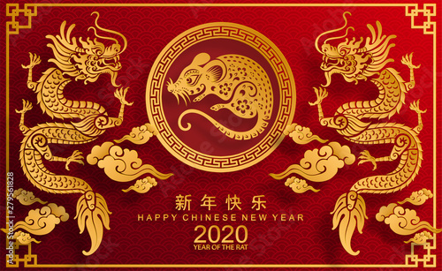 Happy chinese new year 2020 year of the rat ,paper cut rat character,flower and asian elements with craft style on background.  (Chinese translation : Happy chinese new year 2020, year of rat)