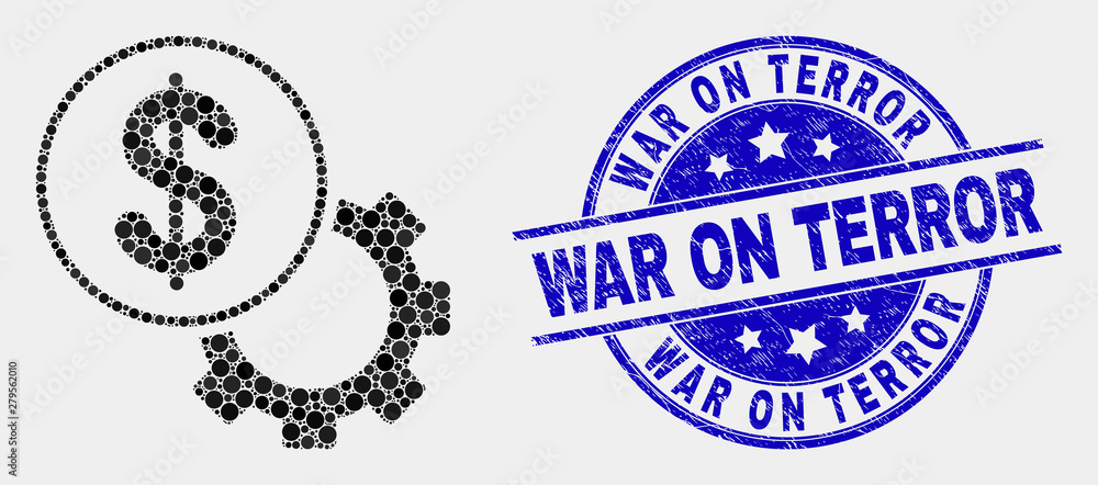 Pixelated financial options gear mosaic icon and War on Terror stamp. Blue vector rounded distress seal stamp with War on Terror caption. Vector combination in flat style. Pixelated financial options gear mosaic icon and War on Terror stamp. Blue vector rounded distress seal stamp with War on Terror caption. Vector combination in flat style.