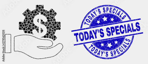 Dot financial service offer hand mosaic icon and Today'S Specials seal. Blue vector round textured stamp with Today'S Specials phrase. Vector composition in flat style.