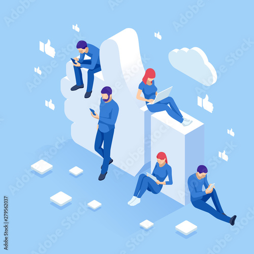 Isometric thumbs up like social network concept. Blogging, online messaging, social networking services. Young people using mobile gadgets such as laptop, tablet pc, smartphone for social networking