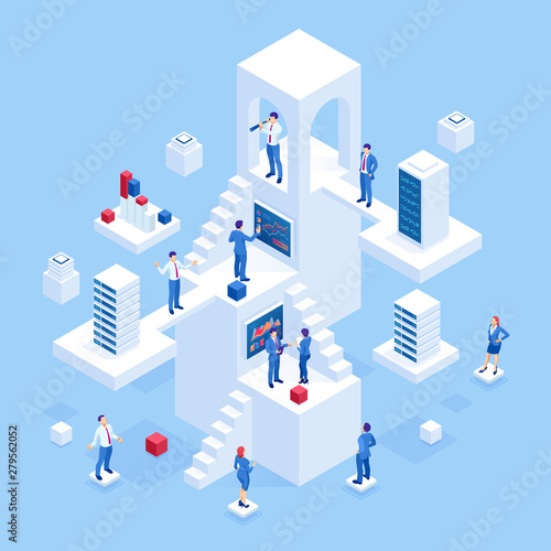 Isometric business people analyzing a financial dashboard with key performance indicators and business intelligence. Search for new business ideas, startups, employees.