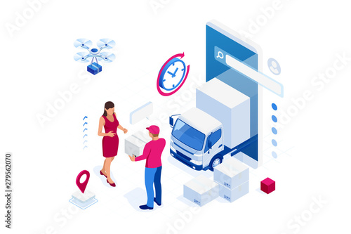 Isometric Logistics and Delivery concept. Delivery home and office. City logistics. Warehouse, truck, forklift, courier, drone and delivery man.