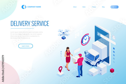 Isometric Logistics and Delivery concept. Delivery home and office. City logistics. Warehouse, truck, forklift, courier, drone and delivery man.