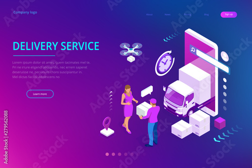Isometric Logistics and Delivery concept. Delivery home and office. City logistics. Warehouse, truck, forklift, courier, drone and delivery man.