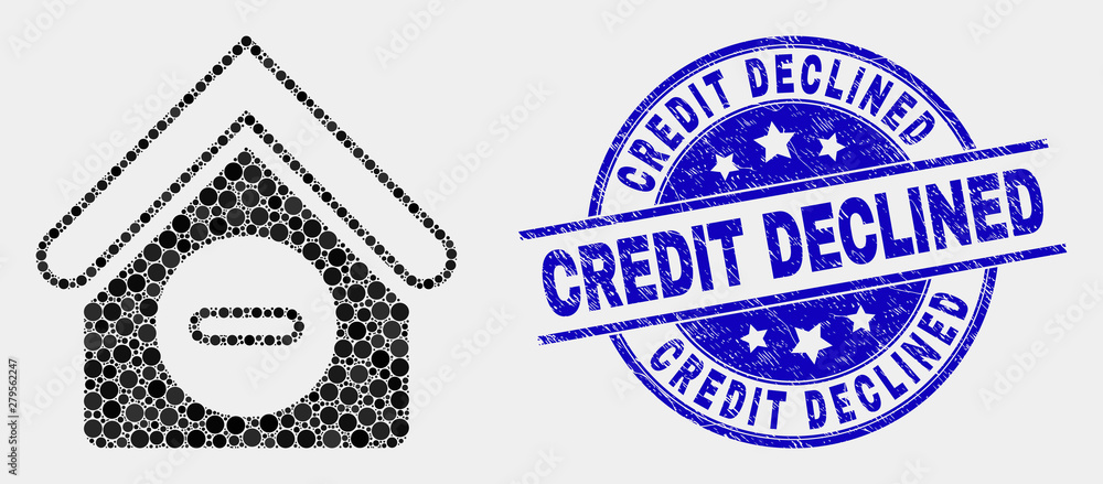 Fototapeta premium Pixelated forbidden house mosaic icon and Credit Declined seal. Blue vector rounded textured seal stamp with Credit Declined text. Vector collage in flat style.