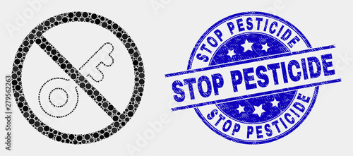 Pixel forbidden key mosaic icon and Stop Pesticide seal stamp. Blue vector round distress stamp with Stop Pesticide phrase. Vector combination in flat style.