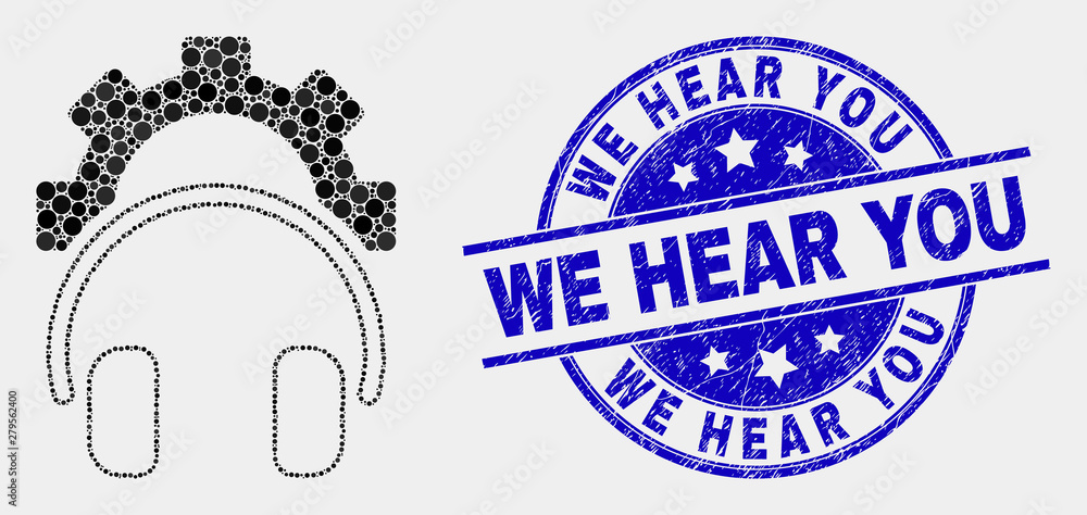 Pixel gear headphones mosaic icon and We Hear You seal. Blue vector round distress seal with We Hear You message. Vector collage in flat style. Black isolated gear headphones mosaic of random dots, Pixel gear headphones mosaic icon and We Hear You seal. Blue vector round distress seal with We Hear You message. Vector collage in flat style. Black isolated gear headphones mosaic of random dots,