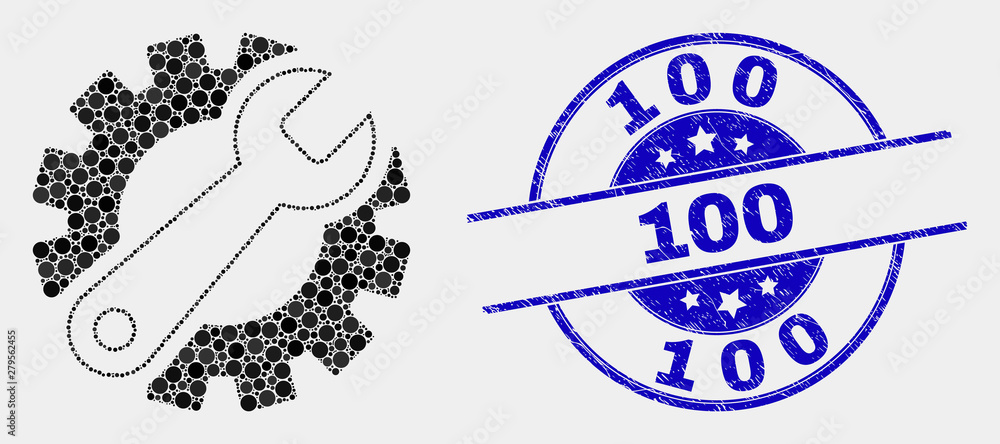 Dot gear tools mosaic pictogram and 100 seal. Blue vector rounded textured seal stamp with 100 title. Vector combination in flat style. Black isolated gear tools mosaic of randomized spheres,
