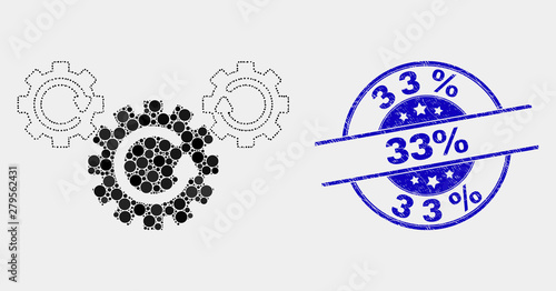 Pixelated gear rotation mosaic pictogram and 33% seal stamp. Blue vector rounded textured seal with 33% phrase. Vector composition in flat style.