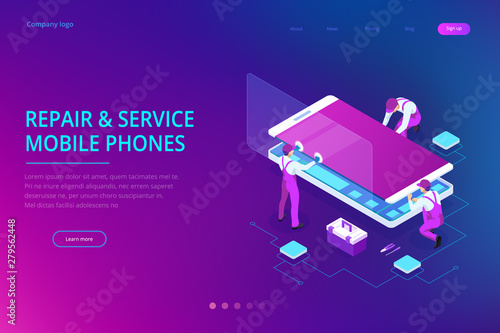 Isometric smartphone repair service concept. Electronics repair service. Same day phone repair landing page website template.
