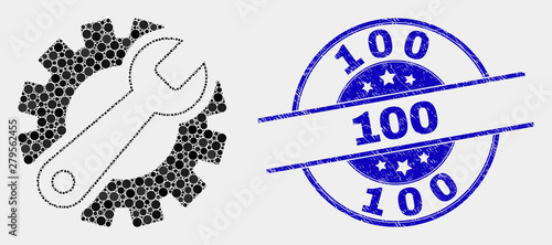 Dot gear tools mosaic pictogram and 100 seal. Blue vector rounded textured seal stamp with 100 title. Vector combination in flat style. Black isolated gear tools mosaic of randomized spheres,
