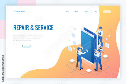 Isometric smartphone repair service concept. Electronics repair service. Same day phone repair landing page website template.