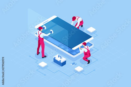 Isometric smartphone repair service concept. Electronics repair service. Same day phone repair landing page website template.