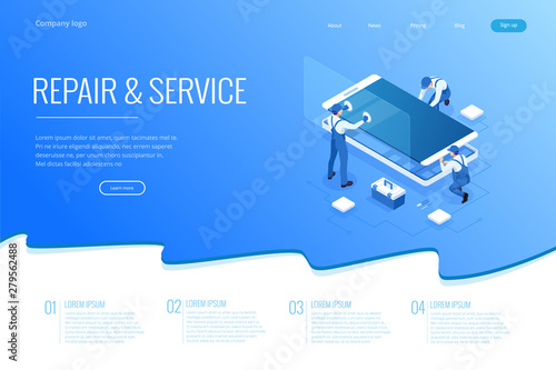 Isometric smartphone repair service concept. Electronics repair service. Same day phone repair landing page website template.