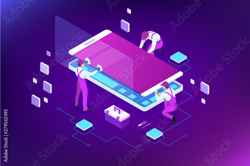Isometric smartphone repair service concept. Electronics repair service. Same day phone repair landing page website template.