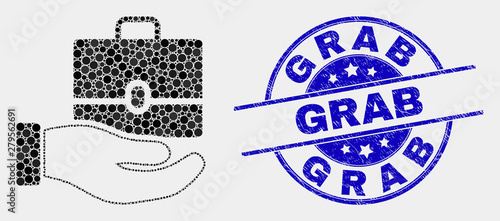 Pixelated hand offer case mosaic icon and Grab seal stamp. Blue vector round distress seal with Grab text. Vector composition in flat style.