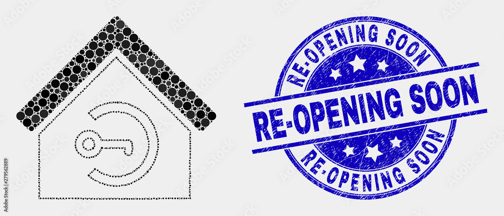 Pixelated home keyhole mosaic icon and Re-Opening Soon seal stamp. Blue vector round textured seal stamp with Re-Opening Soon message. Vector composition in flat style. Pixelated home keyhole mosaic icon and Re-Opening Soon seal stamp. Blue vector round textured seal stamp with Re-Opening Soon message. Vector composition in flat style.