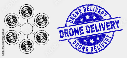 Dot hexacopter mosaic pictogram and Drone Delivery seal stamp. Blue vector round scratched stamp with Drone Delivery message. Vector collage in flat style.