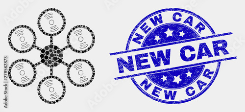 Dotted hexacopter mosaic pictogram and New Car seal stamp. Blue vector round grunge watermark with New Car title. Vector combination in flat style.