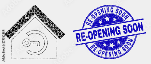 Pixelated home keyhole mosaic icon and Re-Opening Soon seal stamp. Blue vector round textured seal stamp with Re-Opening Soon message. Vector composition in flat style.