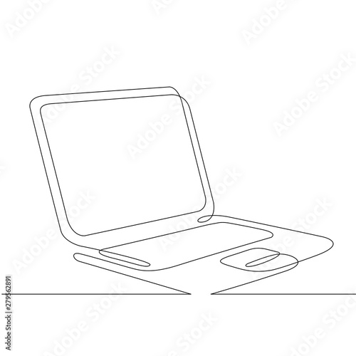 Continuous one line hand drawing computer laptop