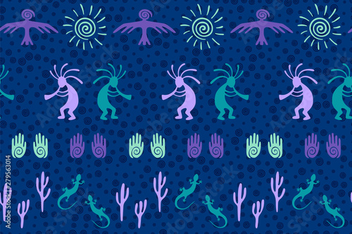 Mythical, design with trickster god, swirl icons on human palm, sun, eagle.