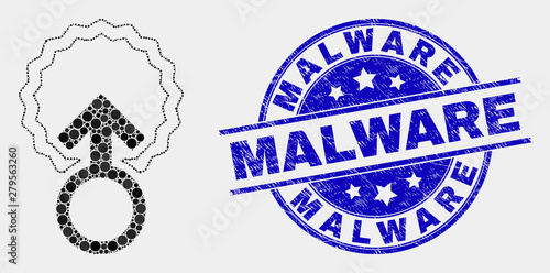 Pixelated insemination mosaic icon and Malware seal stamp. Blue vector round scratched seal stamp with Malware message. Vector collage in flat style.