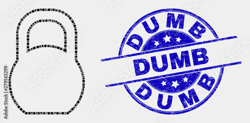 Dotted iron pound mosaic icon and Dumb seal. Blue vector round scratched seal stamp with Dumb message. Vector collage in flat style. Black isolated iron pound mosaic of random circles,