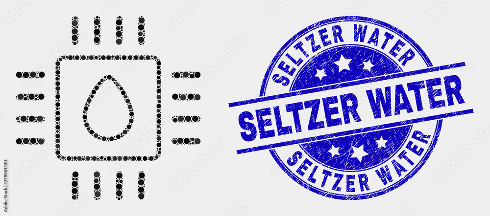 Dotted liquid processor mosaic pictogram and Seltzer Water seal stamp. Blue vector round scratched seal stamp with Seltzer Water text. Vector combination in flat style.